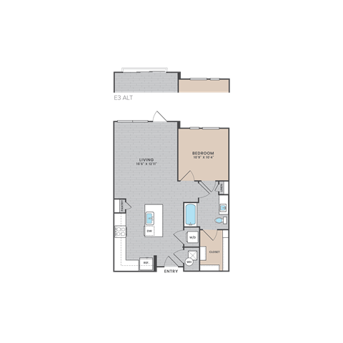 A floor plan of a living area with a bedroom and bathroom.